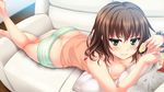  ass breast_press breasts brown_hair butt_crack camisole chips couch feet_up food game_cg green_eyes looking_at_viewer lying manga_(object) medium_breasts nama_love on_stomach panties potato_chips sakaki_mio smile smug solo striped striped_panties suien underwear 