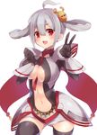  :d between_breasts black_gloves black_legwear blush breasts center_opening edea_cluster gloves grey_hair hair_rings large_breasts matoi_(pso2) navel open_mouth phantasy_star phantasy_star_online_2 red_eyes short_hair simple_background smile solo thighhighs v white_background yamaarashi 