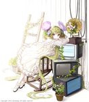  chair dress flower green_eyes green_hair hair_flower hair_ornament hatsune_miku honnou_(kjs9504) ladder long_hair looking_at_viewer phonograph plant potted_plant rocking_chair solo television twintails very_long_hair vines vocaloid white_dress 