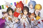  ;) arm_around_shoulder asymmetrical_hair black_hair blue_eyes blush cape clenched_hand closed_eyes copyright_name epaulettes gloves grey_eyes hashtag highres idolish_7 izumi_iori izumi_mitsuki kudara looking_at_another male_focus multiple_boys nanase_riku nikaido_yamato one_eye_closed osaka_sougo purple_eyes red_eyes rokuya_nagi smile white_gloves yotsuba_tamaki 