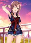  arm_at_side arm_up armpits belt blue_shorts blush bracelet brown_eyes brown_hair cityscape collarbone contemporary contrapposto cowboy_shot cutoffs denim denim_shorts eyebrows eyebrows_visible_through_hair flag_print fukahire_(ruinon) hair_ornament hairclip headphones headphones_around_neck idolmaster idolmaster_cinderella_girls jewelry looking_at_viewer off-shoulder_shirt outdoors purple_sky railing shirt short_hair short_shorts short_sleeves shorts solo standing sunset t-shirt tada_riina tareme thighs 