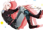  boots character_name circle cursive epaulettes hand_behind_head hand_on_own_knee idolish_7 kujou_tenn looking_at_viewer male_focus necktie pink_eyes pink_hair red_neckwear solo sono_(sononew) 