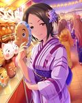  artist_request black_hair brown_eyes cat_mask egami_tsubaki faceless faceless_female fox_mask hair_ornament hamakawa_ayuna idolmaster idolmaster_cinderella_girls japanese_clothes kimono lantern mask multiple_girls noh_mask official_art oni_mask paper_lantern short_hair smile solo_focus summer_festival tougou_ai 