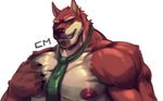  anthro biceps big_biceps brown_fur brown_hair brown_nose canine clenched_teeth clothed clothing cursedmarked dog front_view fur green_eyes grope hair hand_on_chest hi_res looking_at_viewer male mammal manly mature_male muscular muscular_male necktie nipples paws pecs pose relaxing simple_background tan_fur teeth topless 