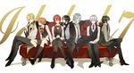  ahoge black_gloves black_hair blonde_hair blue_eyes blue_hair blue_neckwear bolo_tie bow bowtie citi copyright_name couch cross-laced_footwear crossed_legs dress_shirt flower formal glasses gloves green_hair half_gloves hands_together highres idolish_7 izumi_iori izumi_mitsuki jacket kneehighs long_hair looking_at_viewer male_focus multiple_boys nanase_riku necktie nikaido_yamato open_clothes open_jacket orange_eyes orange_hair osaka_sougo purple_eyes red_eyes red_flower red_hair red_rose rokuya_nagi rose shirt sitting smile suit white_hair yotsuba_tamaki 