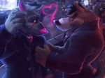  &lt;3 anthro binoculars black_hair black_nose blush brown_eyes brown_fur canine city claws clothing cursedmarked dark detailed_background eyes_closed full_moon fur grey_fur grey_hair hair hand_on_arm hand_on_face hi_res looking_at_viewer mammal moon necktie nervous night open_mouth outside paws pink_nose shirt side_view suit teeth tongue tongue_out town wolf 