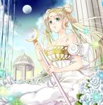  bare_shoulders bishoujo_senshi_sailor_moon blonde_hair blue_eyes collarbone crescent double_bun dress earrings facial_mark flower forehead_mark full_moon jewelry long_hair maboroshi_no_ginzuishou masaki_mitsuki moon moon_stick princess_serenity rose solo strapless strapless_dress tsukino_usagi twintails white_dress white_flower white_rose 