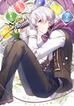  ahoge asahikawa_hiyori cd fetal_position flower idolish_7 looking_at_viewer male_focus microphone osaka_sougo purple_eyes scarf sheet_music smile solo white_hair 