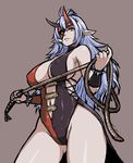  bare_shoulders blue_hair blush breasts center_opening commentary_request covered_nipples cowboy_shot demon_girl elf funamushi_(funa) horns large_breasts long_hair looking_at_viewer looking_down mask pointy_ears ragnarok_online simple_background solo whip yellow_eyes zealotus 