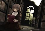  blush book bookshelf brown_hair chair dutch_angle green_eyes holding holding_book indoors key_necklace library long_hair no_headwear nun on_floor open_mouth original plant solo tozaki_makoto vines window 