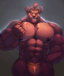 abs anthro beard belly biceps big_biceps blush body_hair brown_eyes brown_hair brown_nose chest_hair clothed clothing cursedmarked facial_hair front_view hair hi_res male mammal monkey muscular muscular_male nipples one_eye_closed pecs pose primate pubes simple_background smile solo standing thong topless underwear 