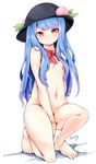  3: bad_feet bad_id bad_pixiv_id bangs barefoot between_legs black_hair black_hat bow bowtie bracelet breasts closed_mouth covering covering_crotch embarrassed eyebrows eyebrows_visible_through_hair food fruit full_body hair_censor hair_over_breasts hand_between_legs hat highres hinanawi_tenshi jewelry leaf long_hair looking_at_viewer maremay0513 navel nude one_knee peach red_bow red_eyes red_neckwear signature simple_background small_breasts solo stomach touhou tsurime white_background 