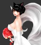  2016 ahri animal_ears bare_shoulders black_hair bouquet breasts chu_(huaha1320) dated dress elbow_gloves facial_mark flower fox_ears fox_tail gloves grey_background holding holding_bouquet lace lace-trimmed_dress lace-trimmed_gloves lace_trim large_breasts league_of_legends lips looking_at_viewer looking_to_the_side multiple_tails parted_lips red_flower red_rose rose sideboob signature simple_background sleeveless sleeveless_dress slit_pupils smile solo tail upper_body wedding_dress whisker_markings white_dress white_gloves yellow_eyes 