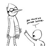  angry anthro avian beak bird blue_jay cartoon_network corvid english_text feathers featureless_crotch mammal monochrome mordecai_(regular_show) nude pointing pyrocynical regular_show simple_background speech_bubble text the_truth threat unknown_artist white_background 