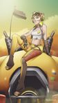  alternate_costume artist_name breasts brown_eyes brown_gloves brown_hair cloud d.va_(overwatch) dirty_clothes dirty_face full_body gloves goggles goggles_on_head grease headphones highres junker_d.va looking_at_viewer mecha medium_breasts meka_(overwatch) midriff navel outdoors overwatch pants shirt short_hair signature sitting sitting_on_object sleeveless sleeveless_shirt smokestack solo velladonna wallpaper white_shirt yellow_sky 