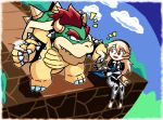  1girl :d ^_^ armor blonde_hair blue_sky bowser bracelet closed_eyes cloud collar eyebrows_visible_through_hair eyes_closed fire_emblem fire_emblem_if foot_dangle gauntlets hair_between_eyes hairband holding jewelry my_unit_(fire_emblem_if) nintendo notice_lines open_mouth puffy_short_sleeves puffy_sleeves red_eyes setz short_sleeves sky slit_pupils smile spiked_bracelet spiked_collar spikes super_smash_bros. 