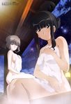  absurdres alternate_hairstyle bags_under_eyes black_eyes black_hair breasts covering folded_ponytail girls_und_panzer hair_bun hair_up highres legs mature medium_breasts megami multiple_girls night night_sky nishizumi_shiho non-web_source nude_cover official_art onsen shimada_chiyo sideboob sidelocks sky star star_(sky) starry_sky towel 