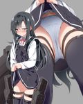  asashio_(kantai_collection) backpack bag black_hair black_legwear blue_eyes blush bow bow_panties dress dress_lift dress_shirt from_below highres kantai_collection lifted_by_self long_hair long_sleeves looking_at_viewer mtu_(orewamuzituda) neck_ribbon panties pinafore_dress randoseru red_ribbon remodel_(kantai_collection) ribbon school_uniform shirt solo standing tears thighhighs underwear upskirt white_panties 