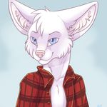  anthro blue_background blue_eyes canine clothed clothing fennec flannel fox fur inner_ear_fluff kellwolfik looking_at_viewer male mammal open_shirt simple_background smile solo white_fur 