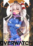  absurdres amatsukaze_(kantai_collection) bangs blush bodysuit breasts bubble_blowing character_print chewing_gum copyright_name cosplay covered_navel cowboy_shot crossed_arms d.va_(overwatch) d.va_(overwatch)_(cosplay) gloves hair_between_eyes highres kantai_collection long_hair long_sleeves looking_at_viewer medium_breasts mouth_hold overwatch pillarboxed silver_hair skin_tight slm solo thigh_strap two_side_up very_long_hair white_gloves windsock yellow_eyes 