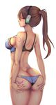  adapted_costume ass ass_grab bare_arms bare_shoulders blue_bra blue_panties blush bra breasts brown_hair character_name cowboy_shot d.va_(overwatch) dimples_of_venus eyebrows eyebrows_visible_through_hair facial_mark from_behind grabbing_own_ass hair_tie hands_on_ass headphones highres lingerie long_hair looking_back medium_breasts nikuku_(kazedesune) overwatch panties pink_eyes ponytail profile sideboob simple_background solo standing strap_gap tattoo underwear whisker_markings white_background 