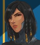 artist_name black_hair blue_background brown_eyes dark_skin eye_of_horus facial_mark facial_tattoo highres install_(all_install) lips long_hair looking_at_viewer nose overwatch pharah_(overwatch) portrait signature sketch solo tattoo 
