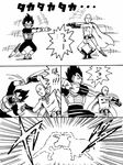  afterimage armor bald cape comic crossover dragon_ball dragon_ball_z fusion_dance gloves greyscale highres lee_(dragon_garou) male_focus monochrome motion_lines multiple_boys one-punch_man open_mouth parody saitama_(one-punch_man) translated vegeta 