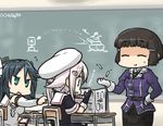  anger_vein black_hair blue_eyes book cellophane_noodles cellphone chalk chalkboard closed_eyes commentary dated desk eating elbow_gloves flying_sweatdrops gloves hair_ornament hair_ribbon hairclip hamu_koutarou harusame_(kantai_collection) hat iguchi_yuka isuzu_(kantai_collection) kanemoto_hisako kantai_collection long_hair multiple_girls myoukou_(kantai_collection) pencil_skirt phone pink_hair ribbon school_desk school_uniform seiyuu_connection serafuku short_hair side_ponytail skirt smartphone translated twintails white_gloves 