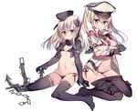  anchor bikini bikini_under_clothes black_bikini blonde_hair blue_eyes breasts capelet cropped_jacket garrison_cap gloves graf_zeppelin_(kantai_collection) hat kantai_collection kureaki_(exit) large_breasts long_hair long_sleeves looking_at_viewer military military_uniform multiple_girls pantyhose pantyhose_pull peaked_cap puffy_long_sleeves puffy_sleeves simple_background swimsuit swimsuit_under_clothes thighhighs twintails u-511_(kantai_collection) uniform 