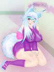  1girl bare_shoulders big_ass big_nipples blue_hair blush breasts calf_socks curvy dress erect_nipples fox_ears fox_tail geta heart-shaped_pupils huge_ass huge_breasts huge_tits kimono kitsune long_hair looking_at_viewer multicolored_hair one_eye_closed open_mouth pink_eyes pink_hair short_dress smile solo tail thick_thighs tight_dress whitepod wide_hips 