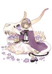  bone branch brown_hair cape chain cuffs elbow_gloves flower fur_trim gloves hair_flower hair_ornament hairband holding original pink_eyes purple_cape purple_footwear shackles shirt shoes shoes_removed simple_background sitting skeleton skirt solo tozaki_makoto white_background white_gloves white_shirt white_skirt 