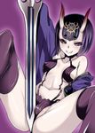  bob_cut breasts clenched_teeth eitarou2828 eyebrows eyebrows_visible_through_hair fate/grand_order fate_(series) horns japanese_clothes kimono looking_at_viewer medium_breasts navel oni oni_horns pale_skin purple_background purple_eyes purple_hair short_hair shuten_douji_(fate/grand_order) smile solo sword teeth thighhighs weapon 