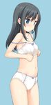  :o asashio_(kantai_collection) black_hair blue_background blue_eyes blush bow bow_bra bow_panties bra breasts collarbone cowboy_shot from_side kantai_collection long_hair navel panties sidelocks simple_background small_breasts solo standing strap_slip takayaki training_bra underwear underwear_only white_bra white_panties 