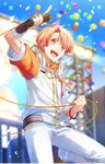  asahikawa_hiyori fingerless_gloves gloves idol idolish_7 izumi_mitsuki looking_at_viewer male_focus official_style orange_hair smile solo sweat yellow_eyes 