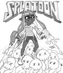  2015 cephalopod clothing crossover digital_media_(artwork) doom female footwear greyscale gun humanoid ink inkling kevinsano logo marine monochrome nintendo pointy_ears ranged_weapon shirt shoes shorts signature smile solo_focus splatoon tentacles video_games weapon 