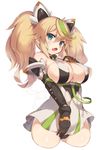  bare_shoulders black_gloves blonde_hair blue_eyes breasts gene_(pso2) gloves green_hair large_breasts long_hair looking_at_viewer multicolored_hair open_mouth phantasy_star phantasy_star_online_2 simple_background solo twintails two-tone_hair white_background yamaarashi 