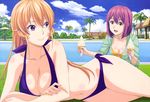  absurdres arato_hisako beach_umbrella bikini blonde_hair breasts brown_eyes chair cleavage cloud day food gazebo highres hood hoodie ice_cream ice_cream_cone large_breasts lounge_chair lying medium_breasts multiple_girls nakiri_erina non-web_source nyantype official_art on_side outdoors palm_tree pink_hair pool poolside purple_bikini purple_eyes shokugeki_no_souma sky smile swimsuit tree umbrella water 