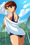  brown_eyes brown_hair cowboy_shot dark_skin looking_back official_art one-piece_swimsuit open_mouth outdoors school_swimsuit short_hair smile solo super_real_mahjong swimsuit toono_mizuki towel 