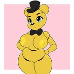  animatronic bear black_nose blue_eyes bow_tie breasts crossgender female five_nights_at_freddy&#039;s golden_freddy_(fnaf) hands_behind_back hat kloudmutt machine mammal nipples nude pussy robot simple_background slightly_chubby smile solo thick_thighs top_hat video_games 