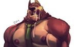  anthro biceps big_biceps blush brown_fur brown_hair brown_nose canine clothed clothing cum cum_everywhere cum_on_chest cum_on_face cursedmarked dog front_view fur green_eyes hair hi_res licking looking_at_viewer male mammal manly mature_male messy muscular muscular_male necktie nipples open_mouth pecs pose relaxing simple_background tan_fur tongue tongue_out topless 