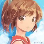  bangs brown_eyes brown_hair cloud cloudy_sky dark_skin day eyebrows_visible_through_hair from_side hair_ribbon i-401_(kantai_collection) iwanaga_tm kantai_collection light_smile looking_at_viewer looking_to_the_side outdoors ponytail portrait ribbon sailor_collar short_ponytail sky smile solo sparkle swept_bangs twitter_username 