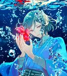  air_bubble bad_id bad_pixiv_id blue_background bubble fish green_hair hakama idolmaster idolmaster_side-m japanese_clothes kimono kiyosumi_kurou looking_to_the_side male_focus parted_lips royu shosei simple_background smile solo underwater upper_body water 