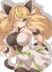  bare_shoulders black_legwear blonde_hair blue_eyes blush breasts covered_nipples gene_(pso2) green_hair large_breasts long_hair multicolored_hair one_eye_closed phantasy_star phantasy_star_online_2 simple_background solo tail thighhighs twintails two-tone_hair white_background wince yamaarashi 