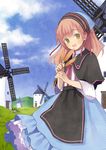  :d blue_skirt brown_hair capelet cloud day head_tilt holding looking_at_viewer open_mouth original outdoors polka_dot_skirt skirt sky smile solo tozaki_makoto wheat windmill yellow_eyes 