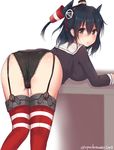  :o alternate_costume alternate_hairstyle amatsukaze_(kantai_collection) amatsukaze_(kantai_collection)_(cosplay) ass bangs bent_over black_hair black_panties blush breasts brown_eyes cosplay desk dress dress_lift from_behind garter_straps haguro_(kantai_collection) hair_between_eyes hair_ornament hair_tubes highres kantai_collection kinryuu lace lace-trimmed_panties large_breasts long_sleeves looking_at_viewer looking_back panties red_legwear red_ribbon ribbon sailor_dress short_dress solo standing striped striped_legwear thigh_gap thighhighs twitter_username two_side_up underwear windsock 