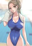  breasts brown_eyes brown_hair competition_swimsuit dytm highleg highleg_swimsuit highres large_breasts long_hair looking_at_viewer one-piece_swimsuit original parted_lips ponytail pool pool_monitor_part-timer_(dytm) solo swimsuit towel 