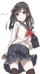  :&lt; absurdres alternate_costume arms_behind_back asashio_(kantai_collection) bag black_hair black_legwear blue_eyes bookbag contrapposto eyes_visible_through_hair from_below hair_between_eyes highres kantai_collection katoroku long_hair long_sleeves miniskirt pleated_skirt sailor_collar school_bag school_uniform serious simple_background skirt solo standing thighhighs thighs twitter_username white_background wind wind_lift 