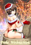  1girl ass back bangs bikini blurry blurry_background boots breasts christmas_lights christmas_tree closed_mouth commentary_request emblem eyebrows_visible_through_hair from_behind fur-trimmed_boots fur-trimmed_gloves fur-trimmed_hat fur_collar fur_trim garrison_cap german_text girls_und_panzer gloves hat highleg highleg_bikini holly light_blush light_smile lips looking_at_viewer looking_back medium_breasts nishizumi_maho oosaka_kanagawa partial_commentary red_bikini red_footwear red_gloves red_hat santa_costume short_hair sitting skindentation solo swimsuit tank_cupola thigh_boots thighhighs thighs thong_bikini translation_request 