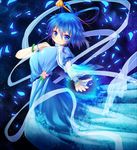  bangle blue_dress blue_eyes blue_hair blush bracelet breasts closed_mouth dress floral_print flower hair_ornament hair_rings hair_stick jewelry kaku_seiga large_breasts looking_at_viewer outstretched_arm petals shawl smile solo star starry_background touhou wrist_cuffs z.o.b 