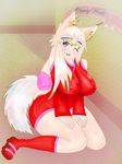  1girl big_ass big_nipples blonde_hair breasts calf_socks curvy dress erect_nipples fox_ears fox_tail geta heart-shaped_pupils huge_ass huge_breasts huge_tits kimono kitsune long_hair multicolored_hair pink_eyes pink_hair red_dress short_dress solo tail thick_thighs tight_dress whitepod wide_hips 